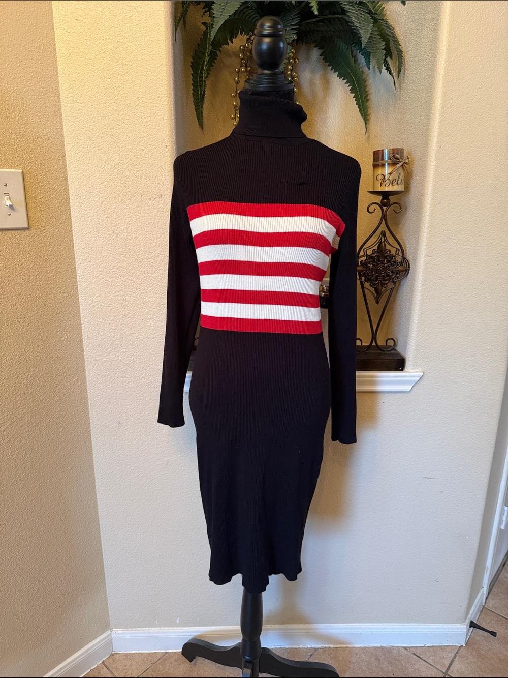 Fashion to Figure Black Turtleneck Dress with Red & White Striped Bodice
